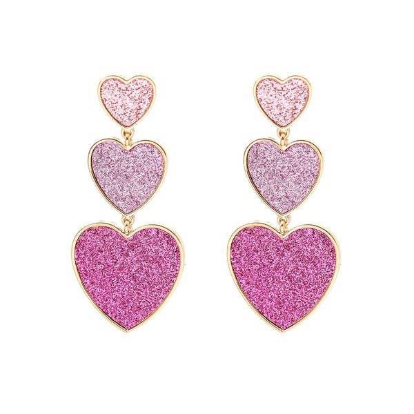 Avril Triple Heart Pink Resin Sparkle Earrings
