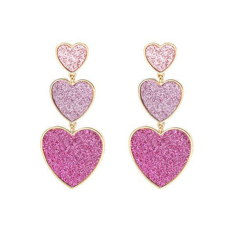 Avril Triple Heart Pink Resin Sparkle Earrings